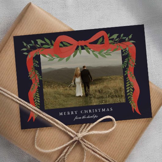緑エレガント色の写真クリスマス付き赤い弓 シーズンカード