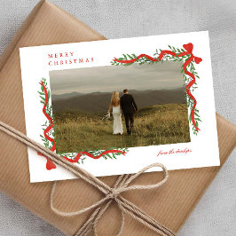 緑エレガント色の写真クリスマス付き赤い弓 シーズンカード