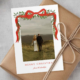 緑エレガント色の写真クリスマス付き赤い弓 シーズンカード