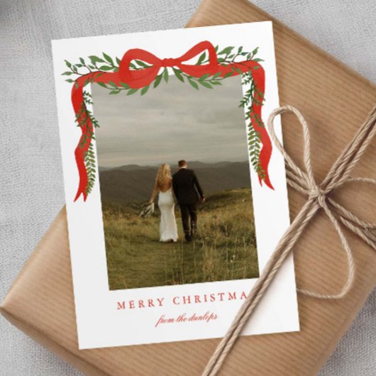緑エレガント色の写真クリスマス付き赤い弓 シーズンカード