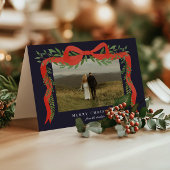 緑エレガント色の写真クリスマス付き赤い弓 シーズンカード