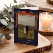 緑エレガント色の写真クリスマス付き赤い弓 シーズンカード