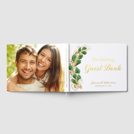 緑エレガント色の写真白と金ゴールド結婚ズ ゲストブック (全面)
