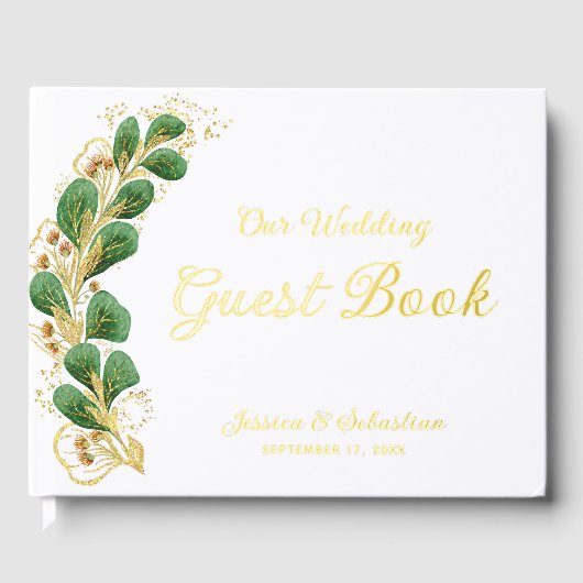 緑エレガント色の写真白と金ゴールド結婚ズ ゲストブック (正面)