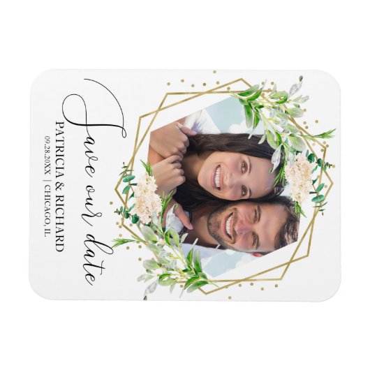 緑エレガント色の写真結婚式の日付を保存 マグネット (横)