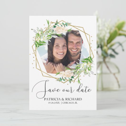 緑エレガント色の写真結婚式の日付を保存 招待状 (スタンド正面)