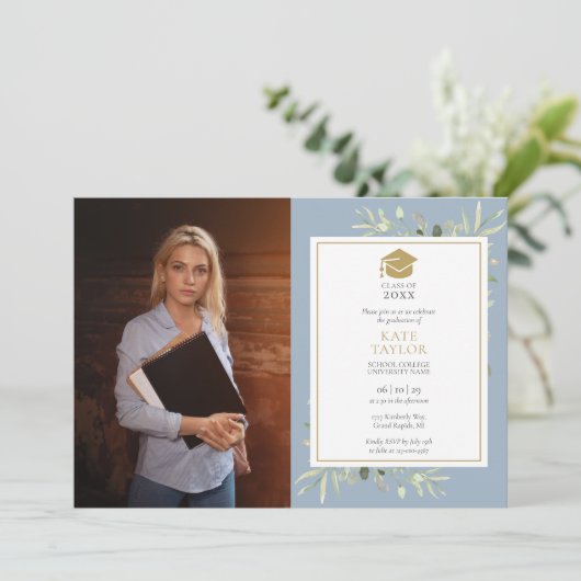 緑エレガント色の埃の多い青の卒業パーティーの写真 招待状 (スタンド正面)