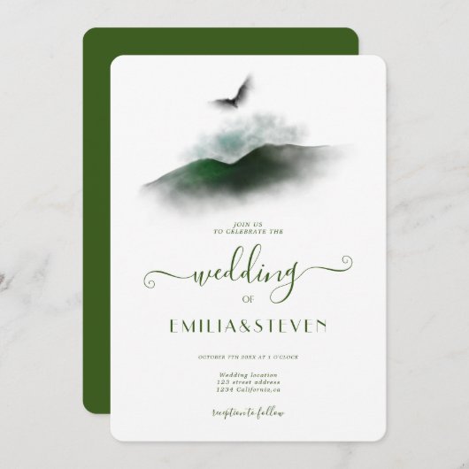 緑エレガント色の山結婚の色 招待状 (正面/裏面)