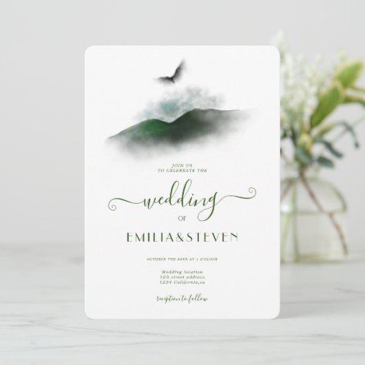 緑エレガント色の山結婚の色 招待状 (スタンド正面)