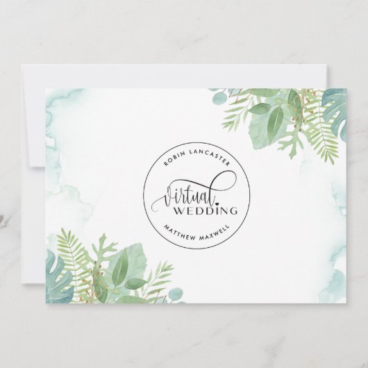 緑エレガント色の水彩オンライン仮想結婚機器 招待状 (裏面)