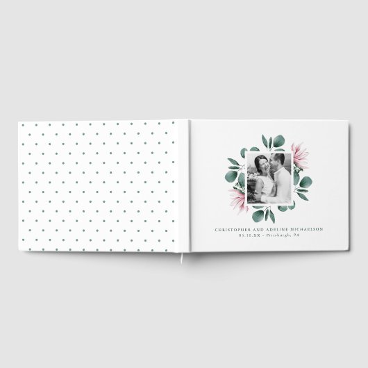 緑エレガント色の水彩フレーム写真結婚 ゲストブック (全面)