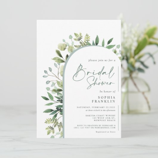 緑エレガント色の水彩フローラブライダルシャワー 招待状 (スタンド正面)