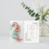 緑エレガント色の水彩ベビー写真誕生 案内ポストカード (スタンド正面)