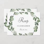 緑エレガント色の水彩リース結婚式RSVP 出欠カード (正面/裏面)