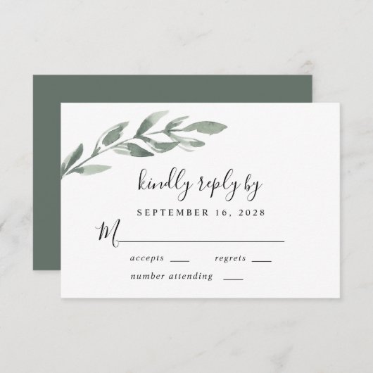 緑エレガント色の水結婚色 出欠カード (正面/裏面)