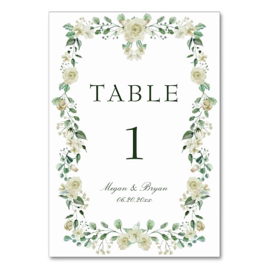 緑エレガント色の白いフローラ結婚ズ テーブルナンバー (裏面)