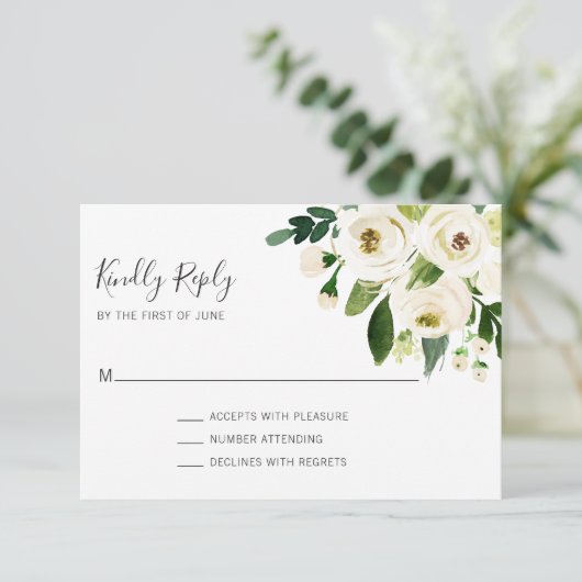 緑エレガント色の白いフローラ結婚ズ 出欠カード (スタンド正面)