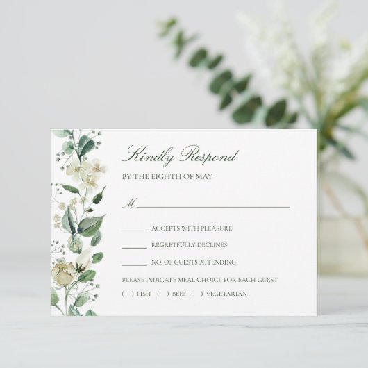 緑エレガント色の白い花の食事の選択結婚の 出欠カード (スタンド正面)