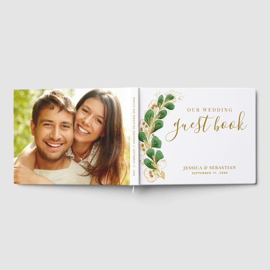 緑エレガント色の白と金ゴールドの写結婚真 ゲストブック (全面)