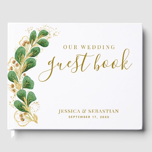 緑エレガント色の白と金ゴールドの写結婚真 ゲストブック (正面)