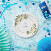 緑エレガント色の白バラフローラ金ゴールド枠 ペーパープレート (パーティー)