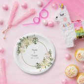 緑エレガント色の白バラフローラ金ゴールド枠 ペーパープレート (パーティー)