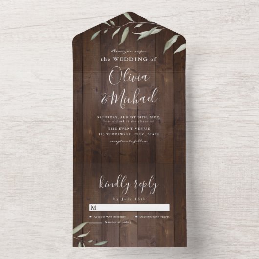 緑エレガント色の納屋の木の地方のラシ結婚ウス オールインワン招待状 (内側)