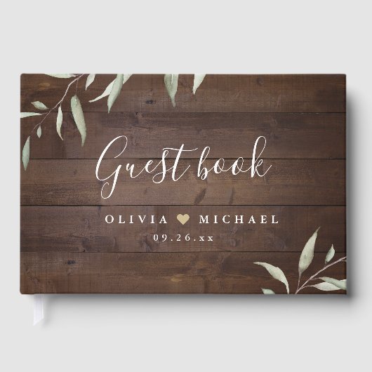 緑エレガント色の納屋の木の地方のラシ結婚ウス ゲストブック (正面)