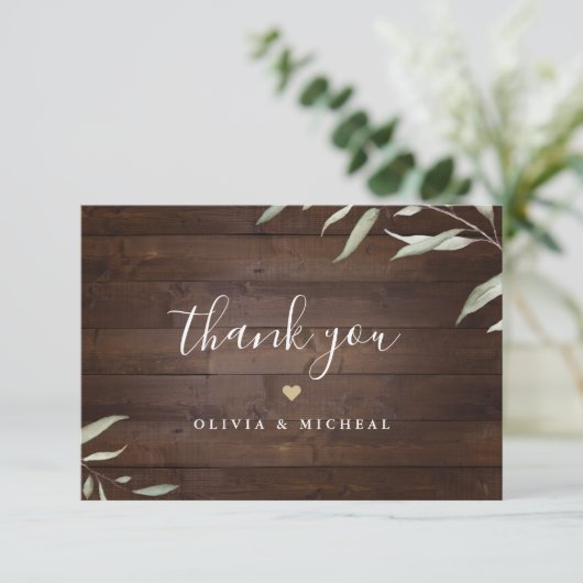 緑エレガント色の納屋の木の地方のラシ結婚ウス サンキューカード (スタンド正面)