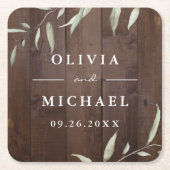 緑エレガント色の納屋の木の地方のラシ結婚ウス スクエアペーパーコースター (正面)