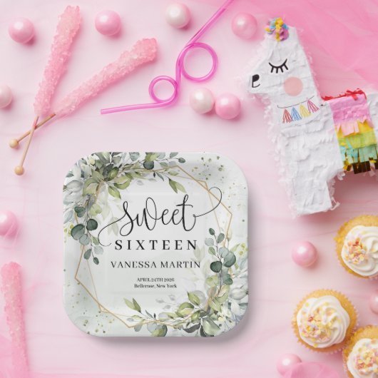 緑エレガント色の葉フェイク金ゴールドsweet sixteen ペーパープレート (パーティー)