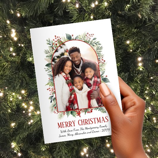 緑エレガント色の赤いアーチカスタム写真クリスマス シーズンカード