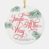 緑エレガント色の赤い書道クリスマス セラミックオーナメント (正面)