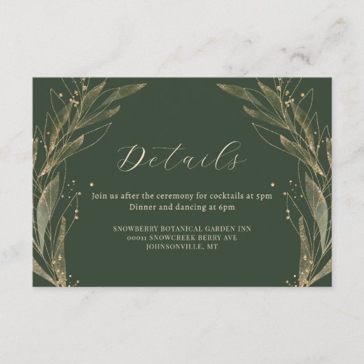 緑エレガント色の金ゴールドリーフ結婚の詳細 エンクロージャーカード (正面)