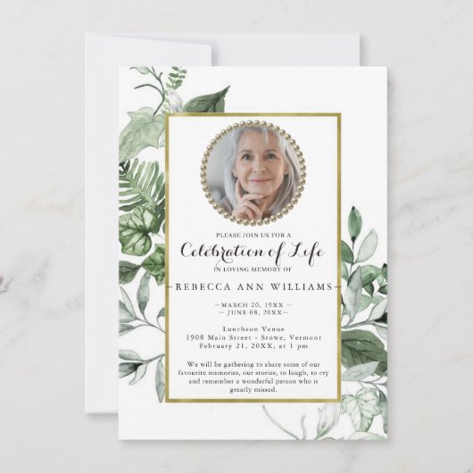 緑エレガント色の金ゴールド写真お祝い 招待状 (正面)