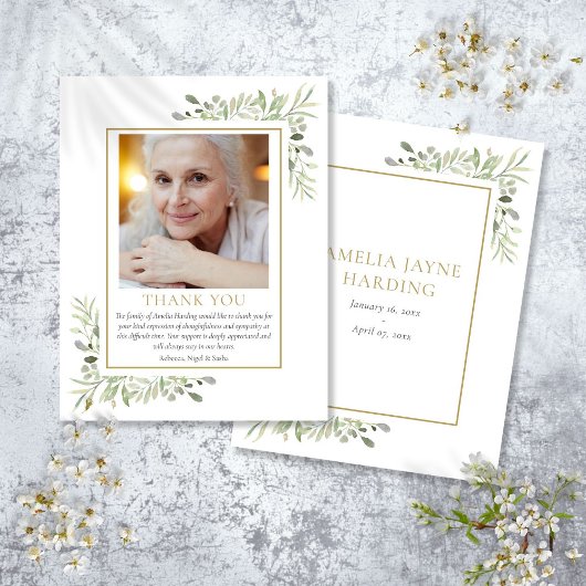 緑エレガント色の金ゴールド葬儀の写真 サンキューカード