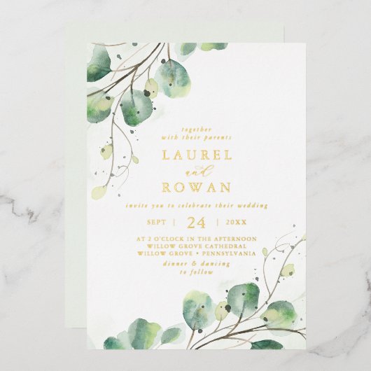 緑エレガント色カジュアル金ホイル結婚ズ 箔招待状 (正面/裏面)