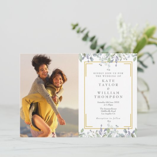 緑エレガント色フローラ写真QRコード結婚 招待状 (スタンド正面)