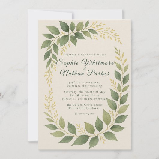 緑エレガント色金ゴールドアクセント結婚式招待状 招待状 (正面)