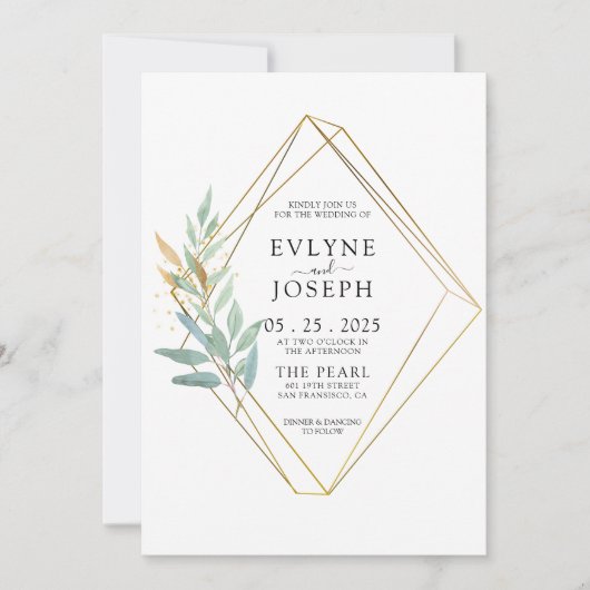 緑エレガント色金ゴールドユーカリプトゥスリーフシッ結婚クス 招待状 (正面)