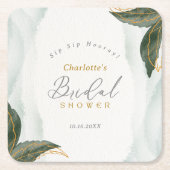 緑エレガント色金ゴールド水彩ブライダルシャワー スクエアペーパーコースター (正面)