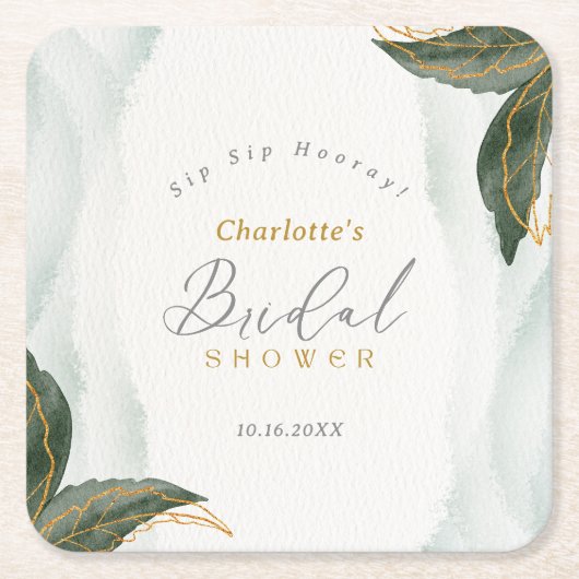 緑エレガント色金ゴールド水彩ブライダルシャワー スクエアペーパーコースター (正面)