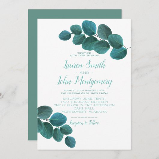 緑エレガント色 |ユーカリ葉ス結婚の 招待状 (正面/裏面)