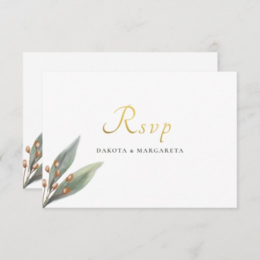 緑エレガント葉植物性金ゴールド結婚式RSVP 招待状 (正面/裏面)