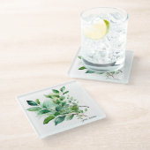 緑エレガント葉水色、カスタム ガラスコースター (アングル)
