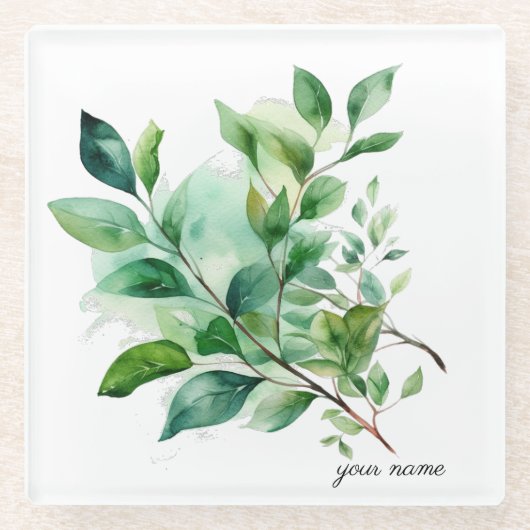 緑エレガント葉水色、カスタム ガラスコースター (正面)