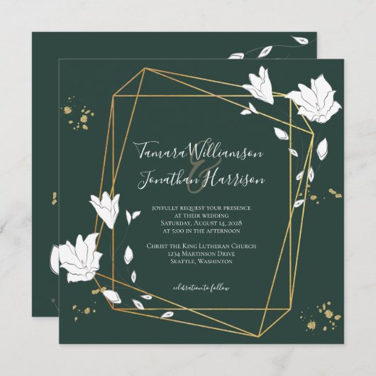 緑エレガント金ゴールドラインアートフローラ幾何学模様 招待状 (正面/裏面)