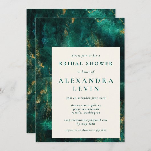 緑エレガント金ゴールド水彩ブライダルシャワー 招待状 (正面/裏面)