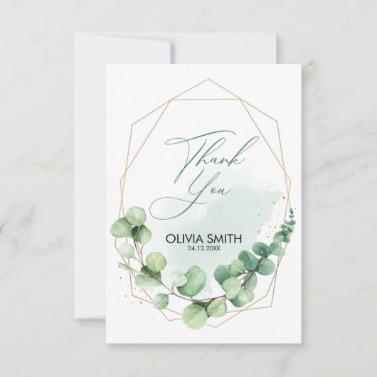 緑エレガント金ゴールド線ユーカリ結婚プス サンキューカード (正面)