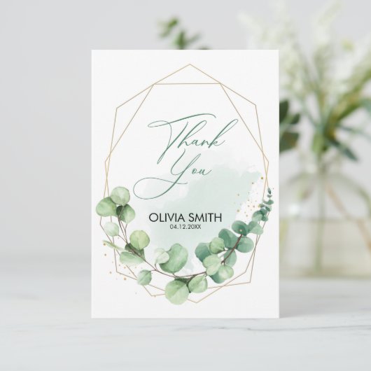 緑エレガント金ゴールド線ユーカリ結婚プス サンキューカード (スタンド正面)